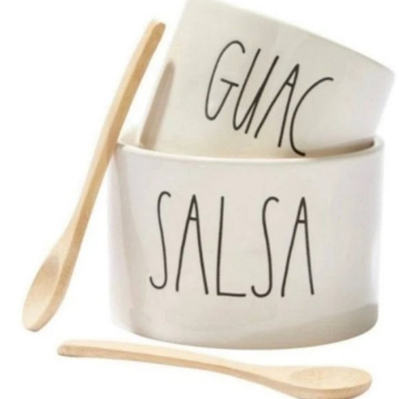 Rae Dunn Salsa and Guac bowls with wooden spoons. - Picture 6 of 7